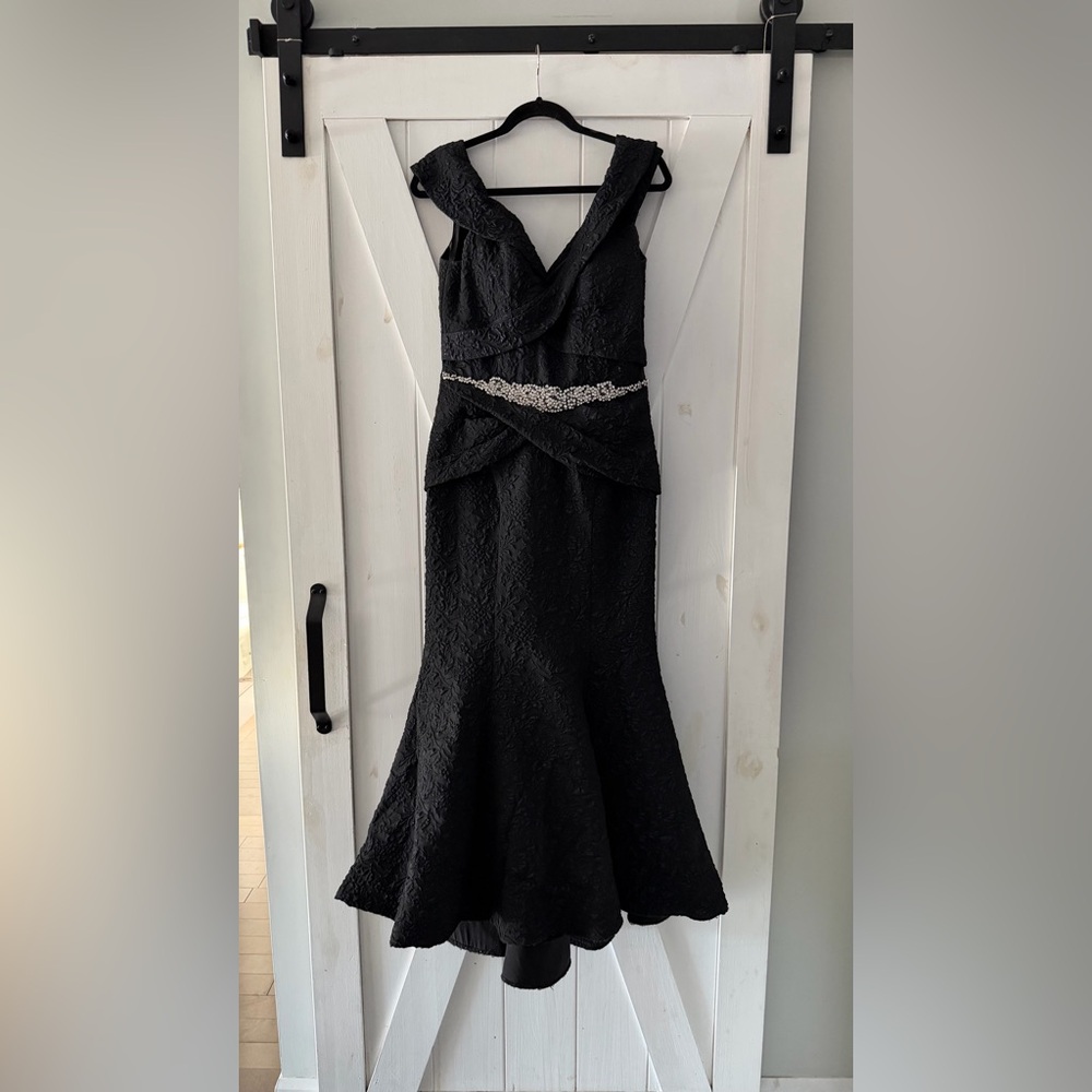 Terani Couture Strapless Black Gown with Silver Accents